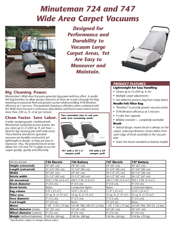 Minuteman 724 and 747 Wide Area Carpet Vacuums